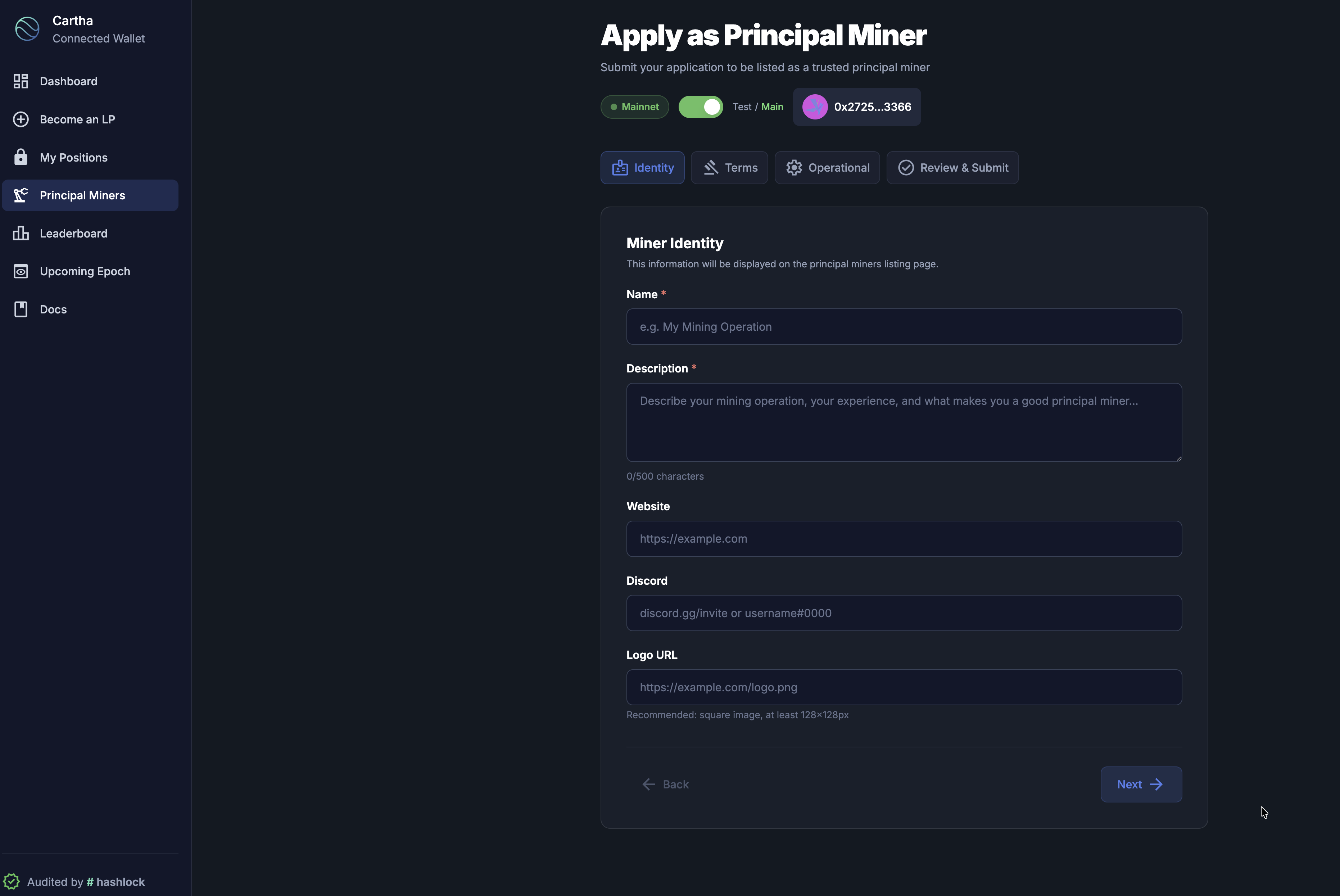 Principal Miner Application — Identity