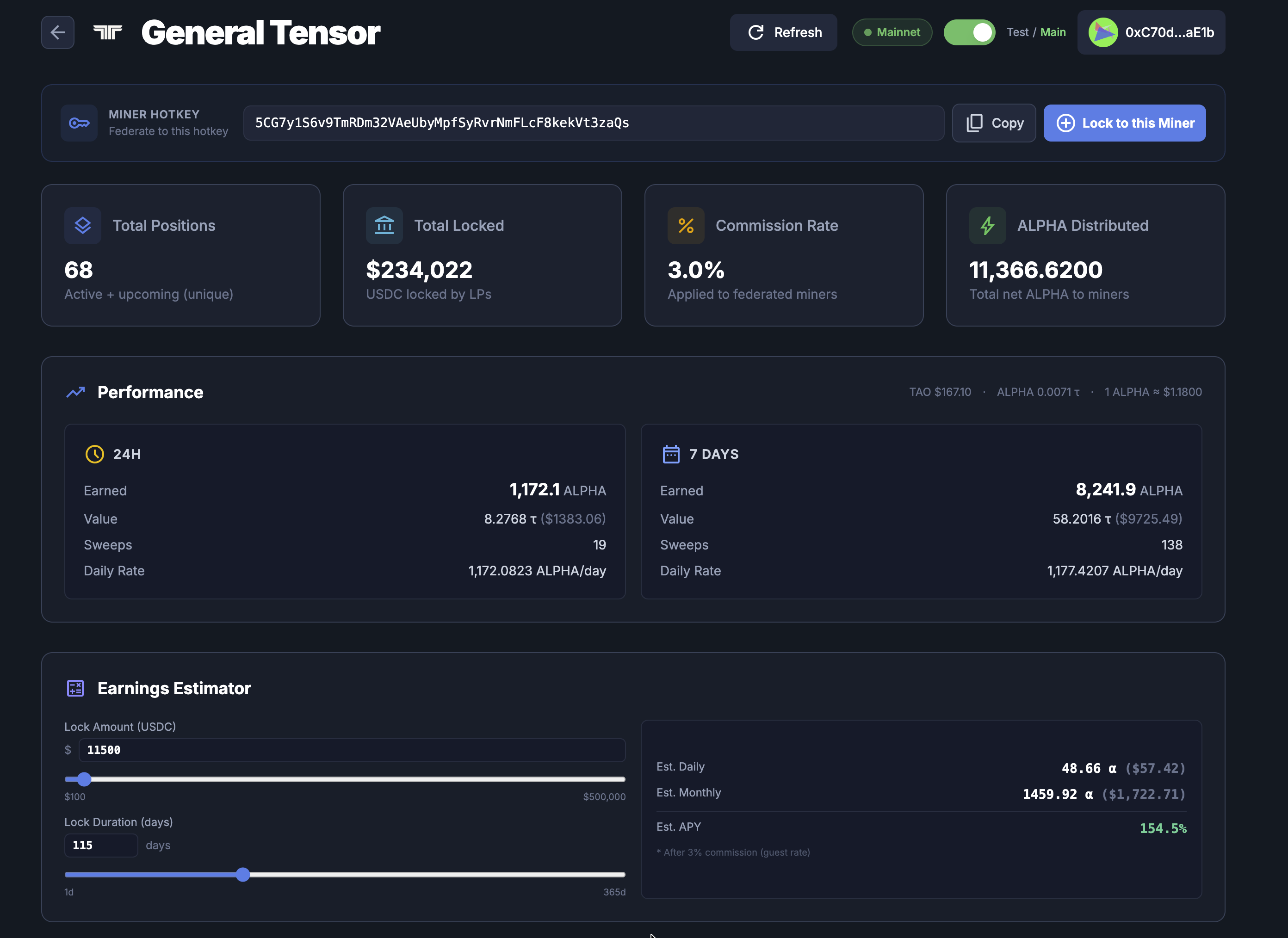 Principal Miner Dashboard overview and Earnings Estimator