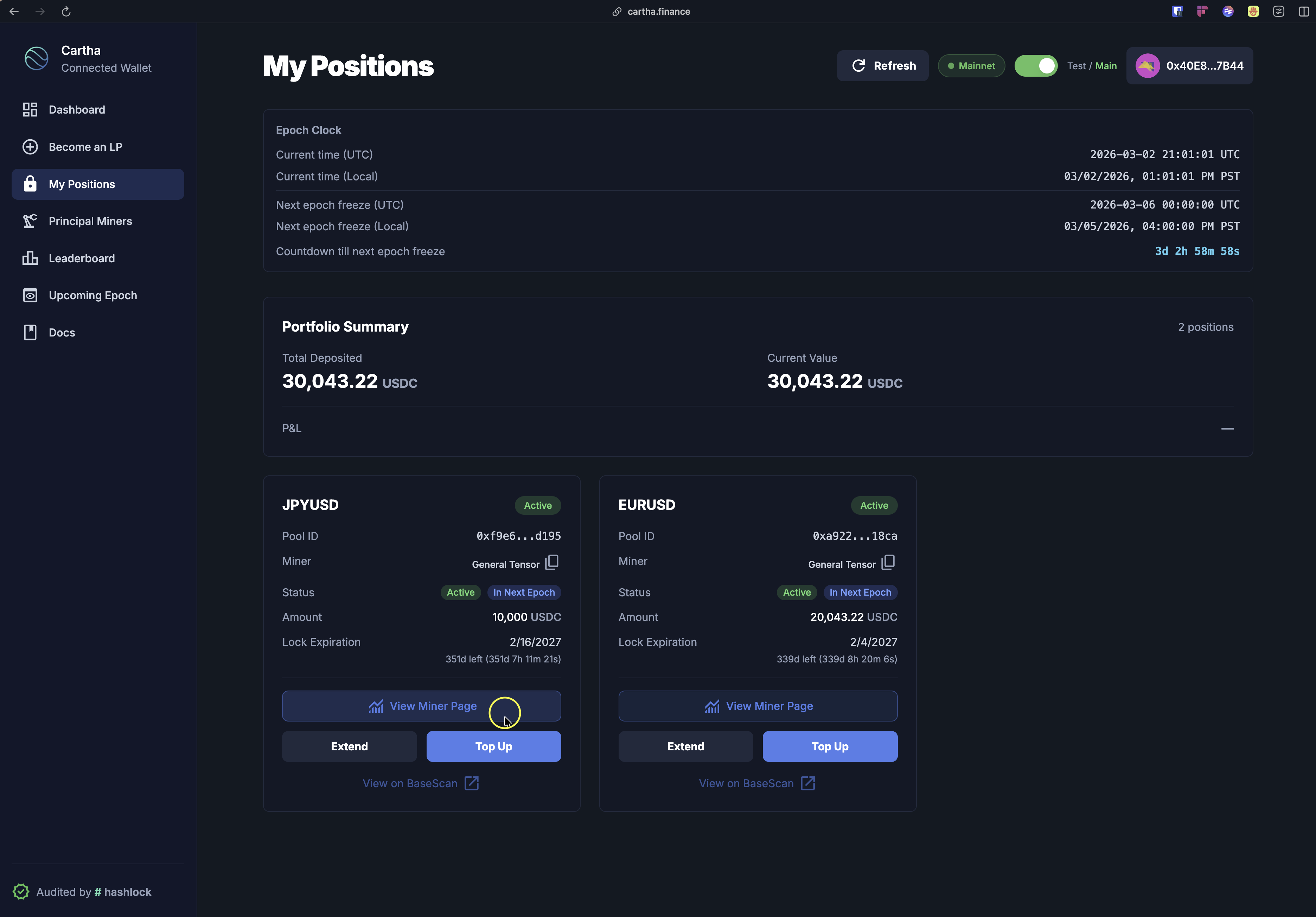 My Positions page with View Miner Page button